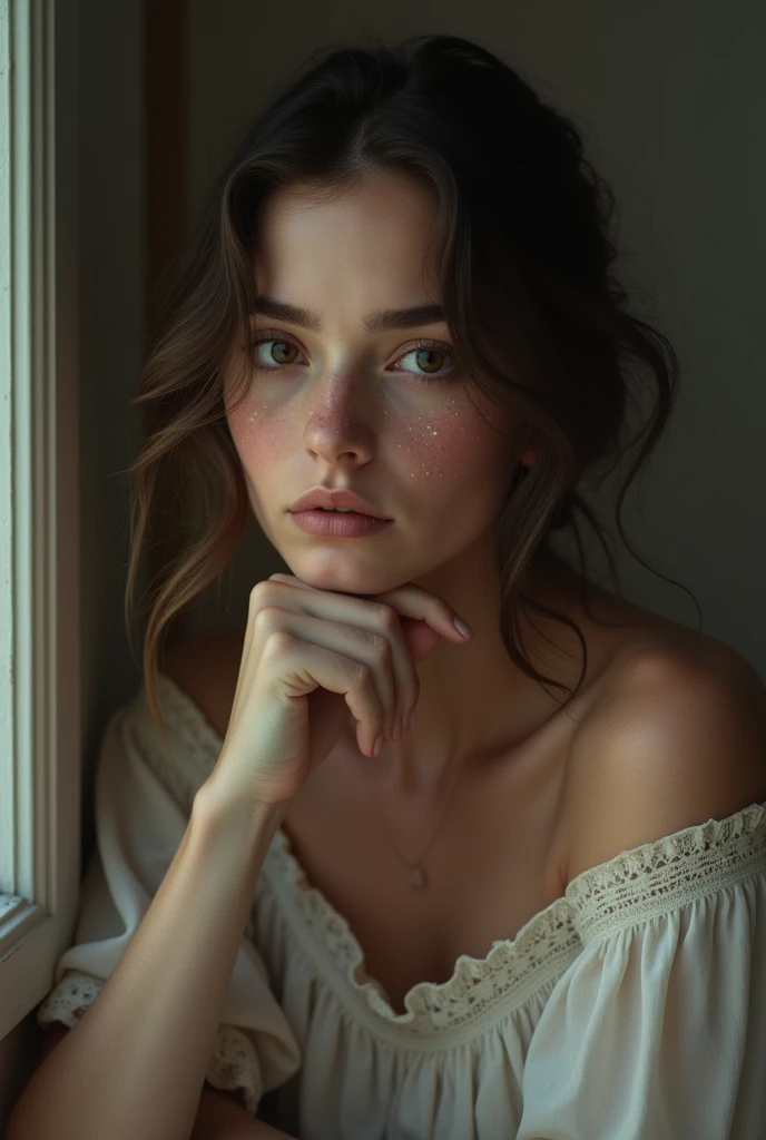 there is a woman with freckles on her arm and a hand on her chin, woman with freckles, albi albi, with freckles, emotional portrait, freckled, inspired by Elsa Bleda, white freckles, freckles, cinematic portrait, close-up portrait, artistic portrait photography in 8k., freckled face, melancholic face, elegant freckles