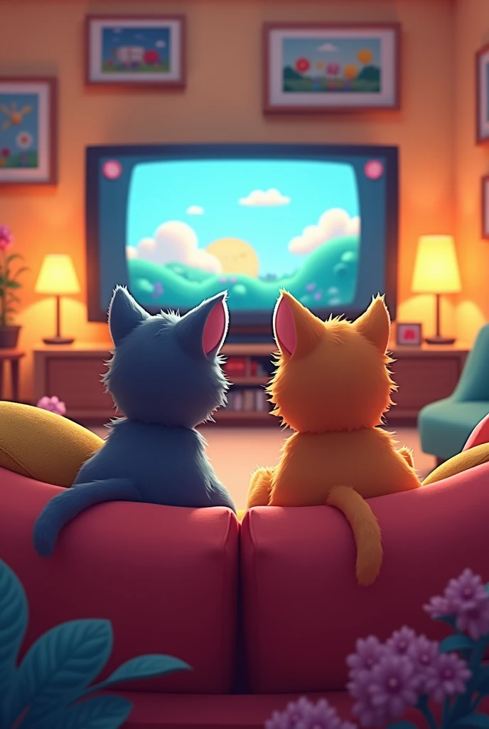 Create a cartoon image, of one and one watching a movie on the couch(camera behind them facing the TV). Imagem em 16:9