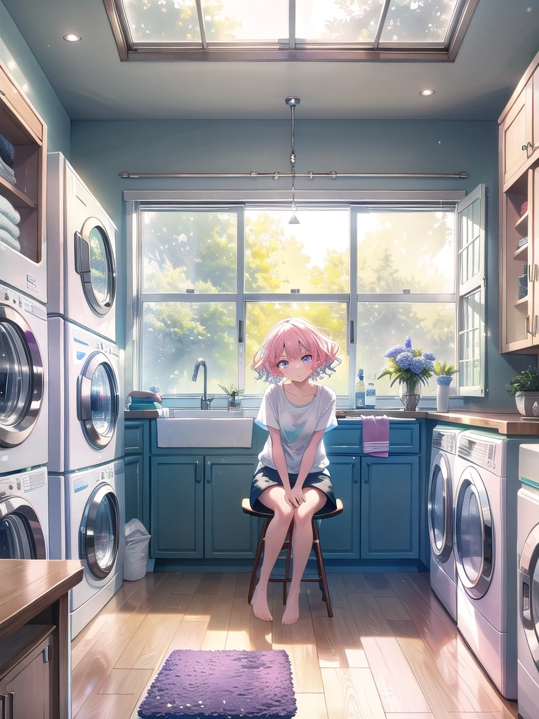 ((8k, Highest quality, masterpiece: 1.3)),Ultra-high resolution,(1 girl, alone), (Color changing eyes, Ultra-detailed, Expressive brilliance, Glitter, Glowing Eyes), Highly detailed eyes, Highly detailed face, Random Hair, ((pastel colour))A young girl with short, curly hair, dressed in a casual tank top and shorts, stands in the laundry room, folding clothes. Her expression is one of calm concentration as she neatly folds a T-shirt, placing it on a pile of freshly laundered clothes. The laundry room is small but clean, with a washing machine and dryer humming quietly in the background. A basket of unfolded clothes sits at her feet, and a small window lets in natural light, brightening the room. The air smells fresh and clean, a mix of detergent and fabric softener, and the sound of clothes tumbling in the dryer adds to the domestic atmosphere.