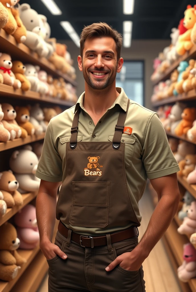 Create another realistic human male worker with the same previous outfit with the logo of a store called "bears "a stuffed animal store without being old
