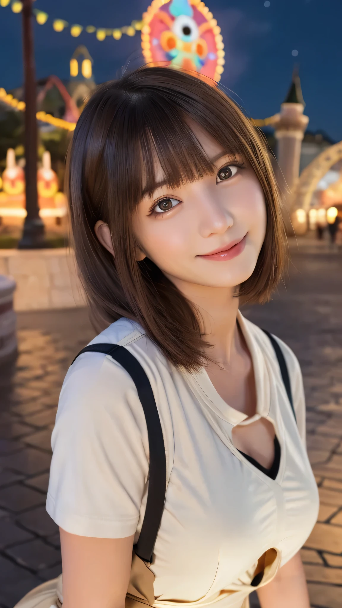 one person&#39;s, (Beautiful girl, Delicate:1.3), (:1.3),
break, (one piece:1.2), Long skirt,
break, (Night Theme Park, illumination:1.2),
break, Very beautiful eyes, (Symmetrical eyes:1.3),
break, Small breasts, Brown eyes, Parted bangs, Brown Hair, (Upper teeth, The best smile:0.2),
break, (Eye and facial details:1.0),
break, (masterpiece, Highest quality, Super detailed, Detailed face, 8k)