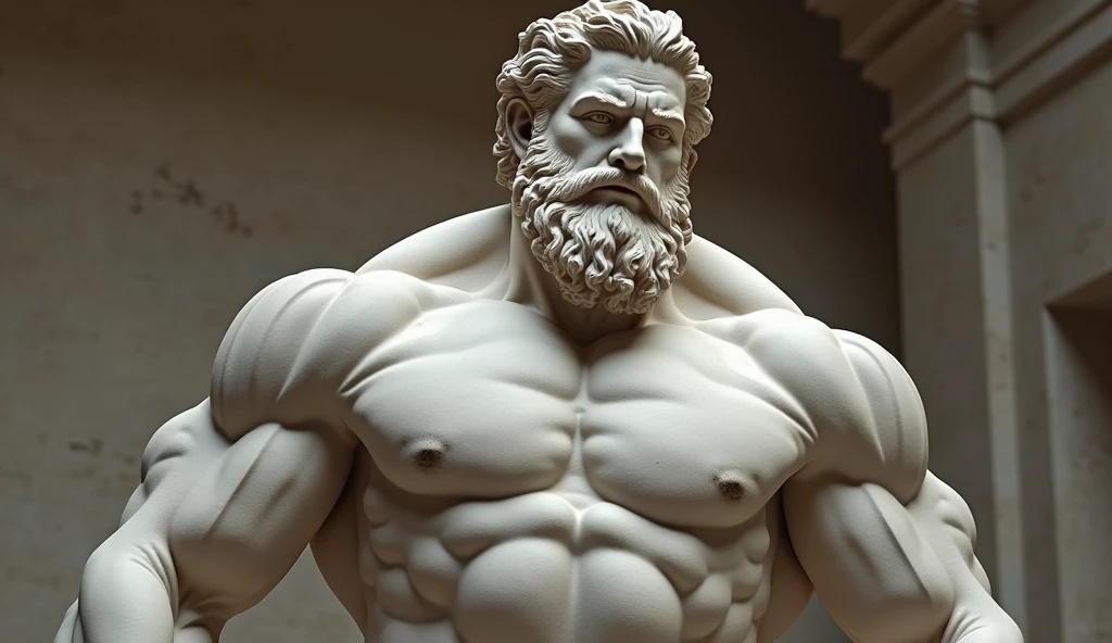 Greek man sculpture, bearded, muscular, perfect face, detailed, stoic, controlling stress, ancient greece in the background, realistic, 169.8k