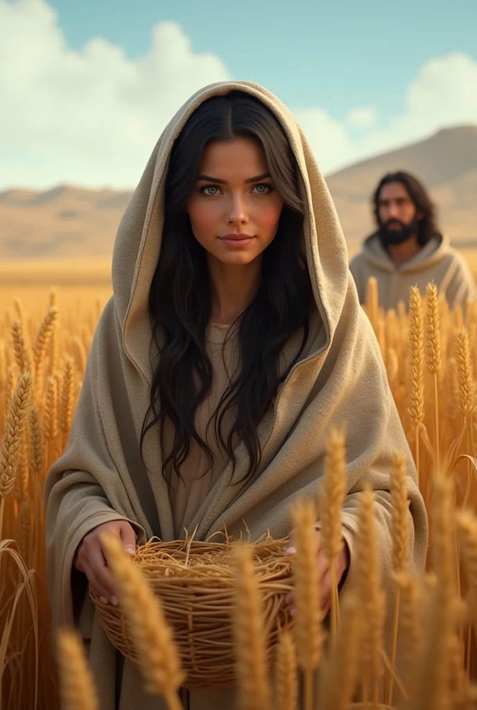 Generate realistic images of Ruth the Moabite with blue eyes and black hair covered with a blanket working in a field collecting wheat. While Boaz watches Ruth from afar with admiration