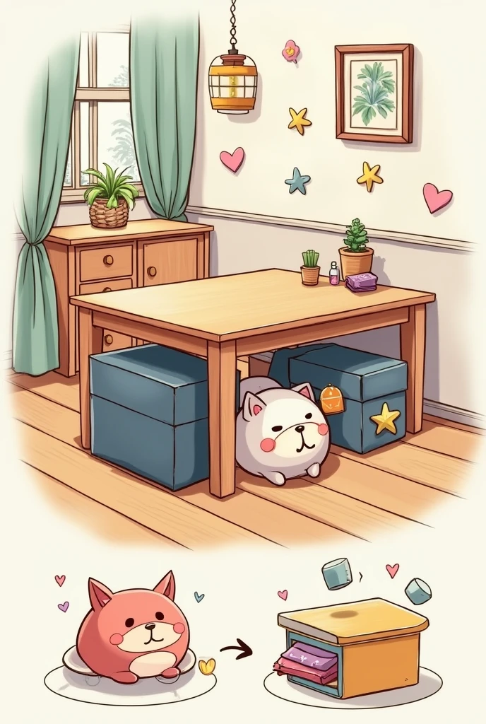 Create a diagram with cartoon-type images of 2.....Personal items should be stored under the table.