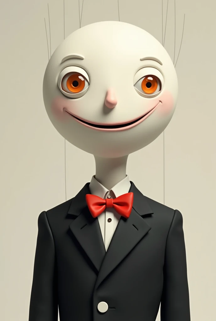 puppet like puppet with white face orange eyes his mask has no nose or facial features a smile black suit with red bow and white buttons without teeth and with a happy appearance