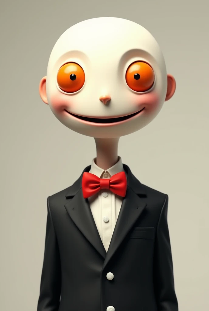 puppet like puppet with white face orange eyes his mask has no nose or facial features a smile black suit with red bow and white buttons without teeth and with a happy appearance