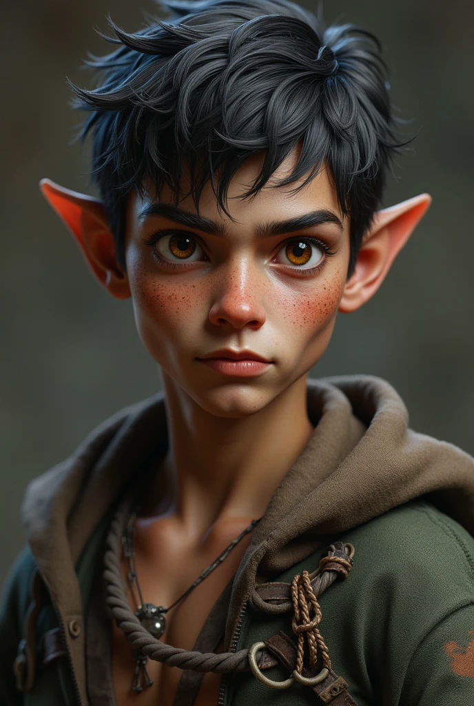 Male Half-Orc He has 1,65 m tall and with a lean, wiry build. He has big brown eyes. He is young