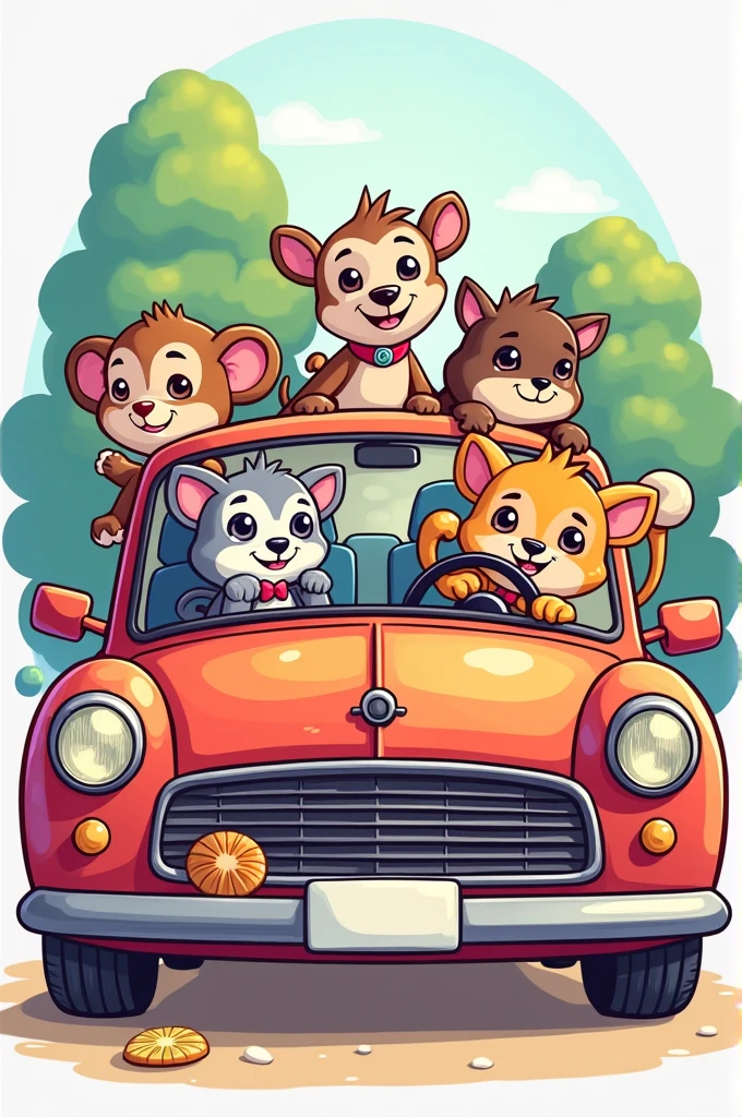 Animals inside a car for children to color