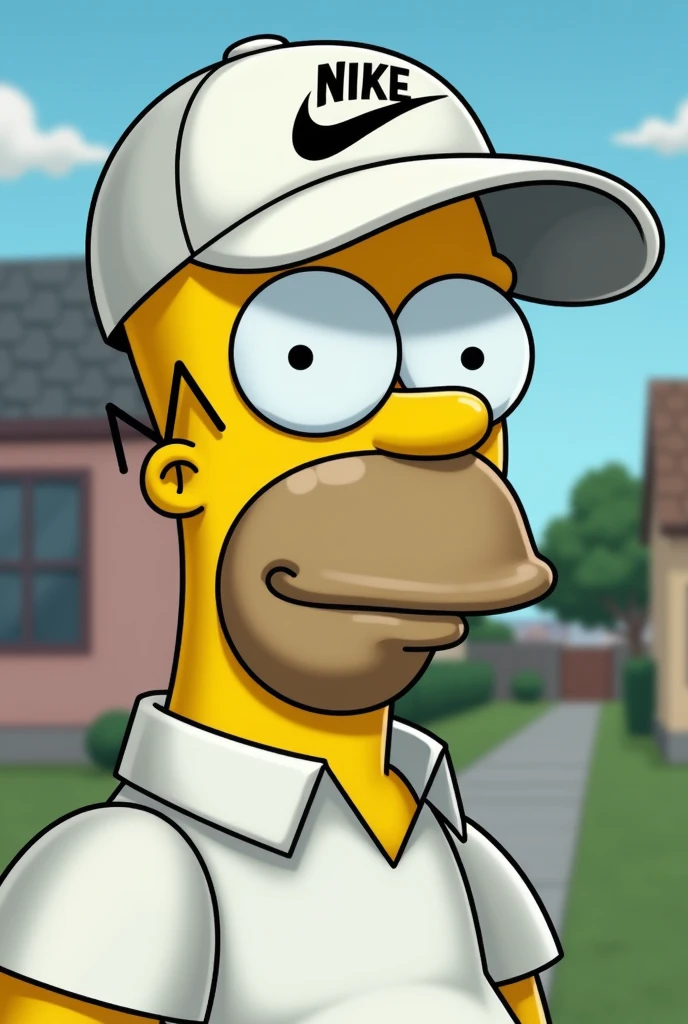 Homer Simpson with a white Nike backwards cap and goatee