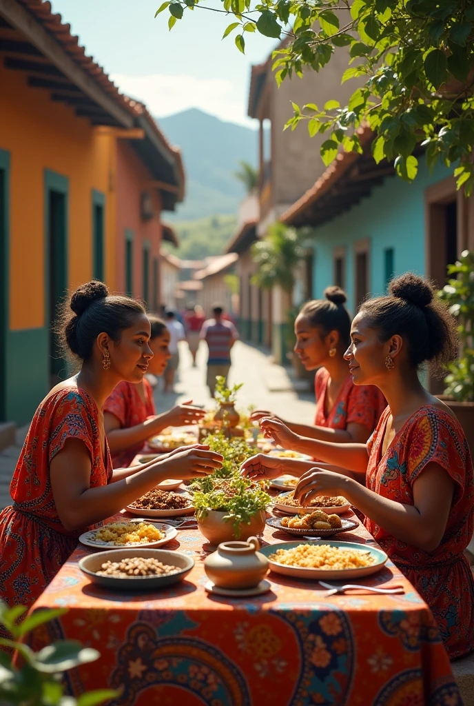 I want an image of Masaya with beautiful, elegant but very humble women and with Nicaraguan food.