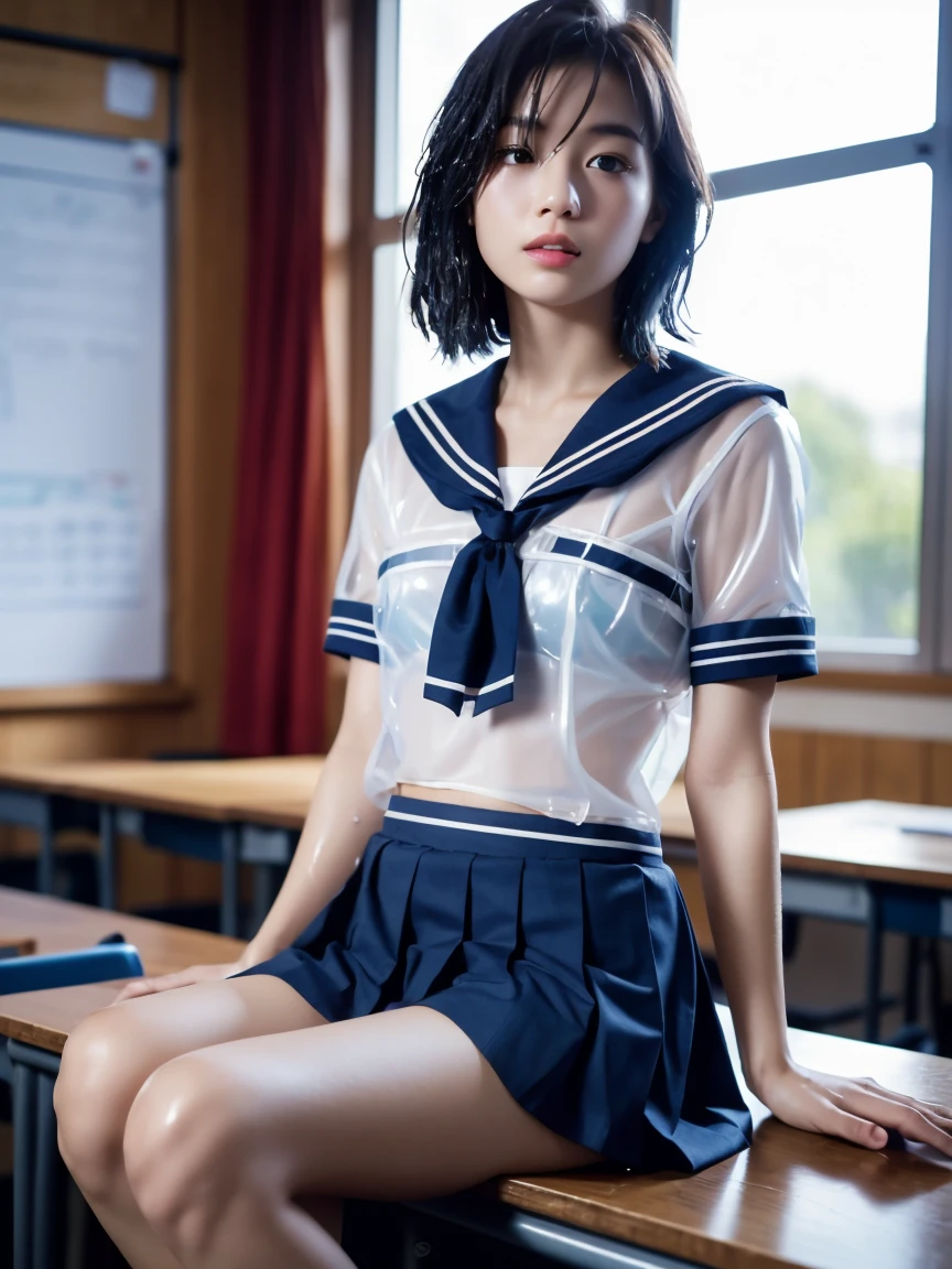 masterpiece:1.2, Very detailed, Ultra-high resolution, Realistic, photo Realistic:1.6, High-resolution RAW color photos, Professional photos, Sharp focus:1.2, Very detailed顔と肌の質感, Very beautiful eyes, Glossのある肌, Glowing Skin, Glowing Skin, Shining Face, Gloss, Oily skin, greasy face, Oily skin, greasy face,, real Glossのある肌 texture, Perfect Anatomy, Very detailed背景,(High school classroom at night),1 female,25-year-old woman, Japanese women,height: 168cm,short hair, Straight hair, bangs, Brown Hair,((Flat Chest:1.6)),Slender legs, (See-through white short-sleeved sailor suit、Navy blue pleated exy T-panties under skirt:1.6),((A wet and very transparent sailor uniform:1.６)),Earrings,(Sit on a desk)