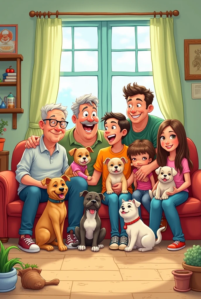 The cutest cartoon of a large family of 10 members, without children, not typical, along with her puppies and a kitten, sharing all together