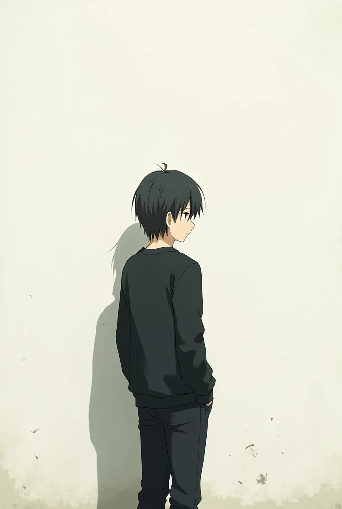 The image is in the style of a Ghibli studio anime., although somewhat gloomy and adult, A 20-year-old young man appears in it. He is standing in front of a white wall, you see him from behind, He has medium-long hair and black eyes.. He appears serious. He is wearing a black sweater and black pants.