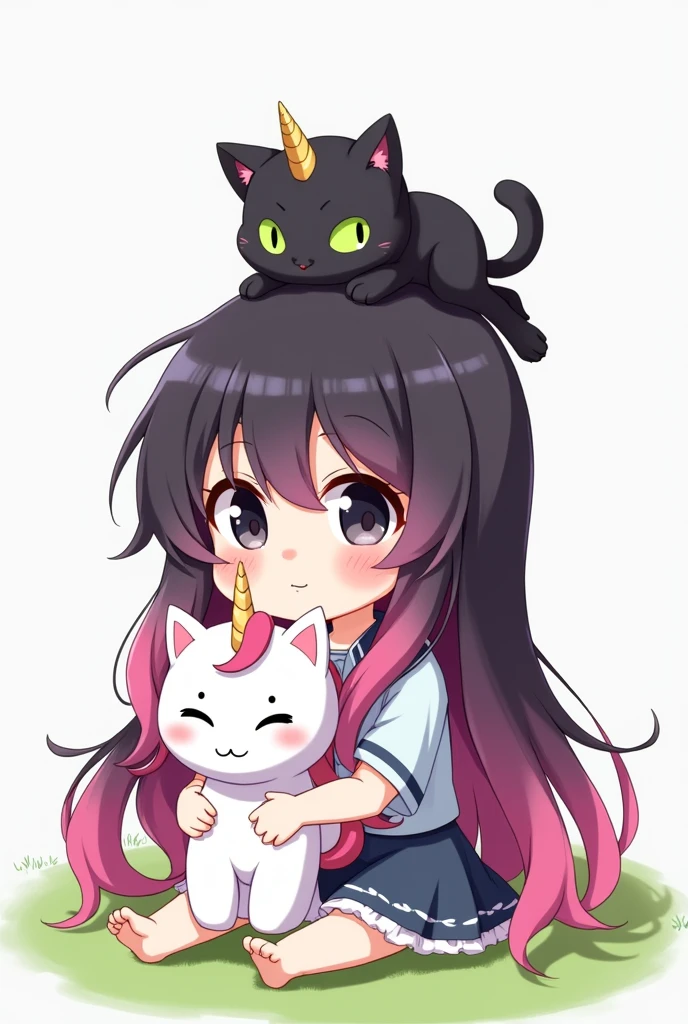 Girl with long pink and black hair and black eyes and a black cat on her head with green eyes and a unicorn stuffed animal in her hand, sitting, Anime style chibi baby