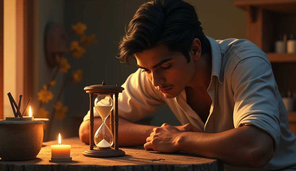 **Rohan staring intently at the hourglass** as it sits on a table in Arjun's cottage, with soft, warm light illuminating the scene