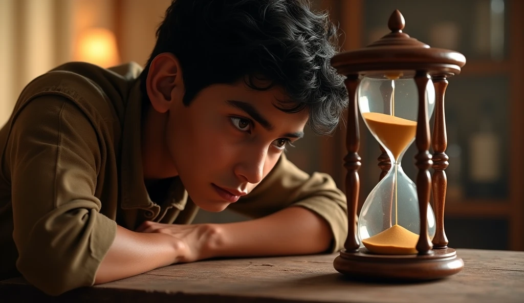 **Rohan staring intently at the hourglass** as it sits on a table in Arjun's cottage, with soft, warm light illuminating the scene