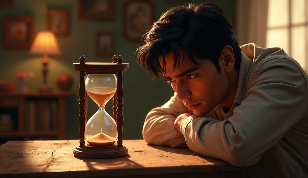 **Rohan staring intently at the hourglass** as it sits on a table in Arjun's cottage, with soft, warm light illuminating the scene