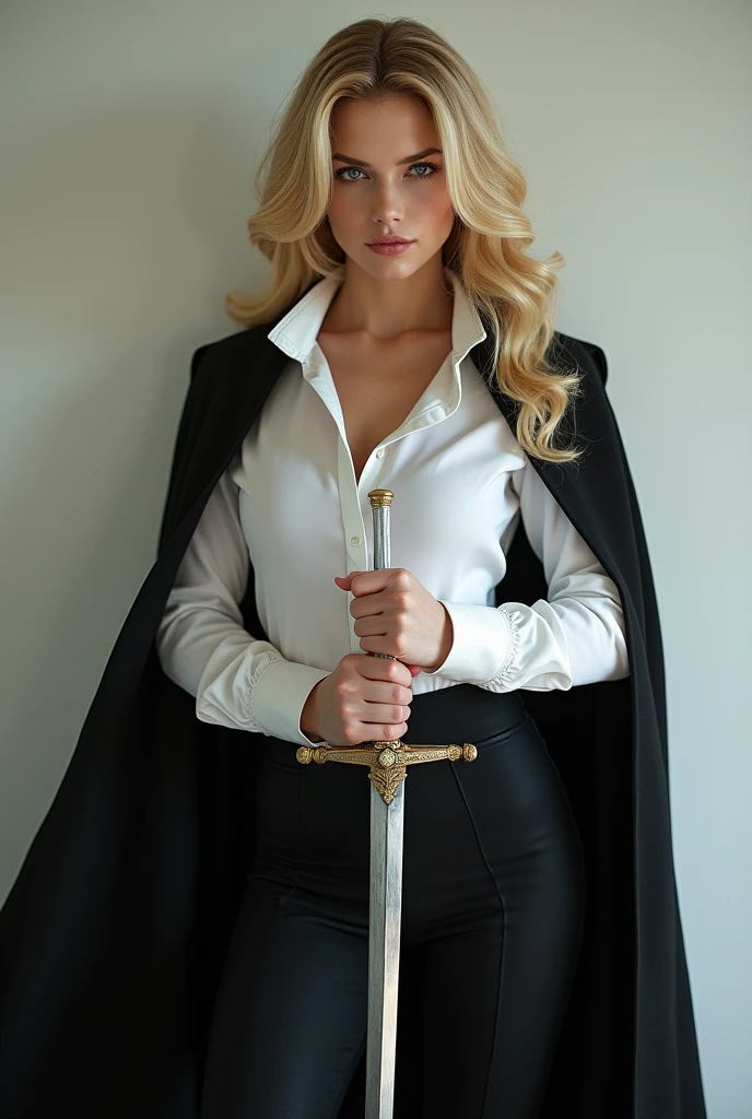 Beautiful blonde girl identical to Scarlet Johansson with a white shirt and black cape with black pants and with a rapier sword in her hand