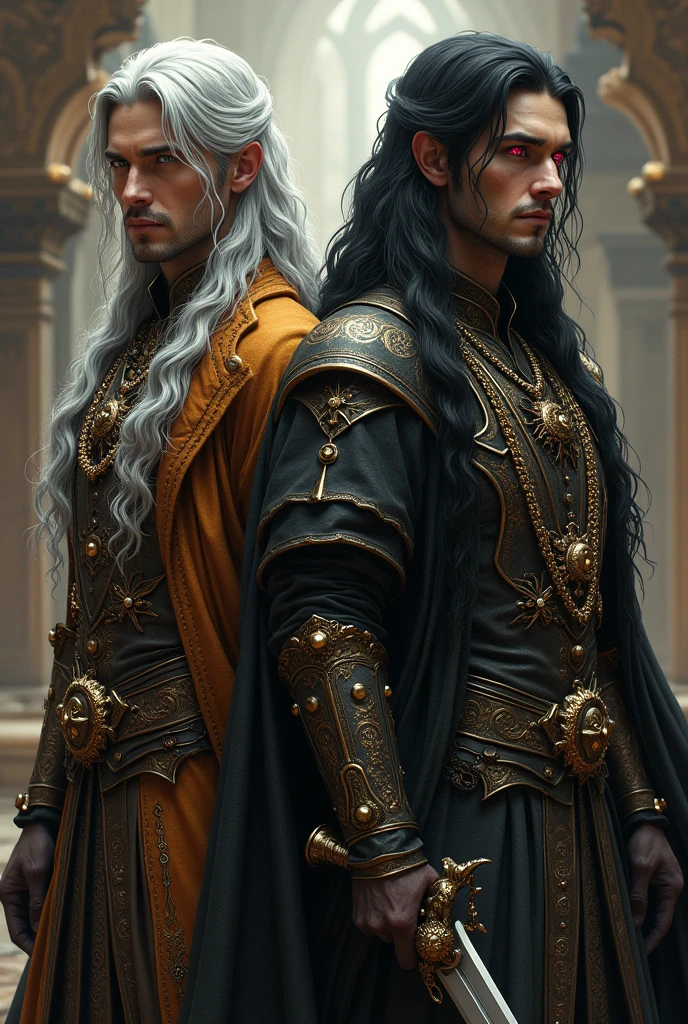 Two men of immortals , the one on the left with medieval clothing , eyes like gold , jewelry , a sword , long silver hair .
The one on the right with medieval clothes , eyes like shining rubies, jewelry , two pistols, long black hair