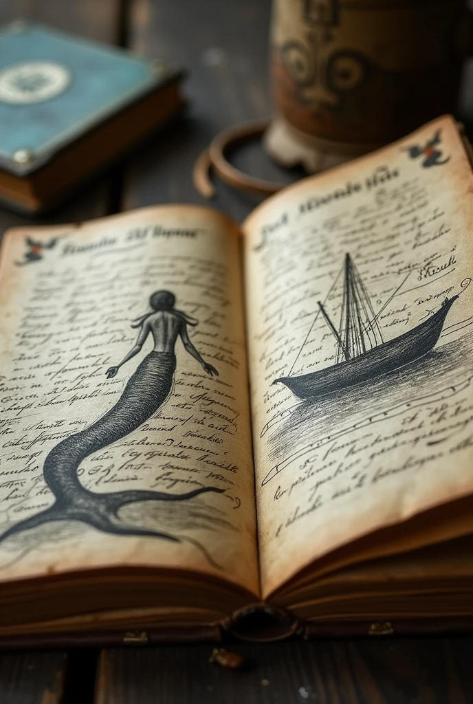 
bottom: Close-up of open notebook, showing the pages with ancient drawings and writings.
Page Details: Illustrations of the mermaid and the boat, and handwritten texts in an ancient style.
Additional Details: Use a handwritten or cursive font for the text in the notebook. Make sure the drawings are detailed and eye-catching..