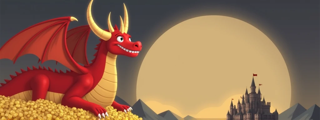 He is a red dragon lying on gold, with golden horns and a castle, with facial features and is very fat.