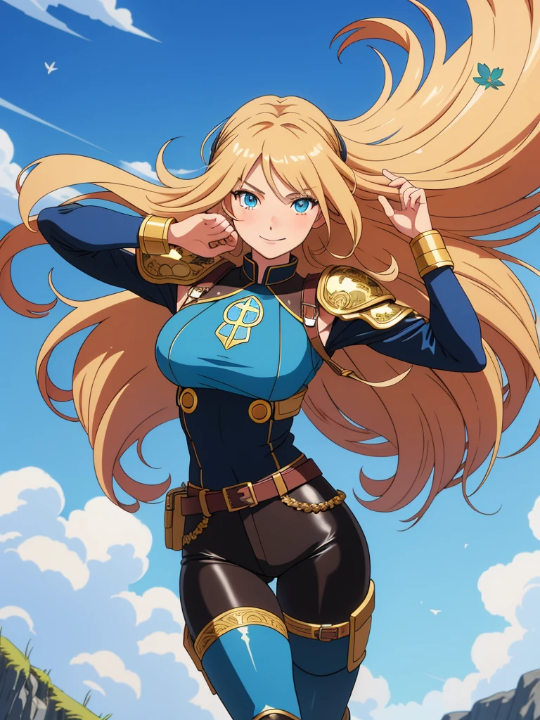 (8k, raw photo, Best Quality, maestro:1.2), (anime-anime photo:1.37), ultra detailed, 1 girl, beautiful, alone, Beautiful detailed blue sky with fluffy clouds, (blush), (whole body: 1.1), (smile: 1.1), (shut up), big breasts, beautiful and delicate blue eyes, (Blue fitted armor with intricate engravings of leaves and flowers : 1.1), Golden metal pieces covering her shoulders and arms, Dark brown leather belt with metal buckles, tight leather pants, Brown leather boots, A cross adorns his chest, (long blonde hair: 1.2), flowing hair, high contrast, Proporciones de whole body, (astride, stretch the legs, thin legs), Chest closeup, full color