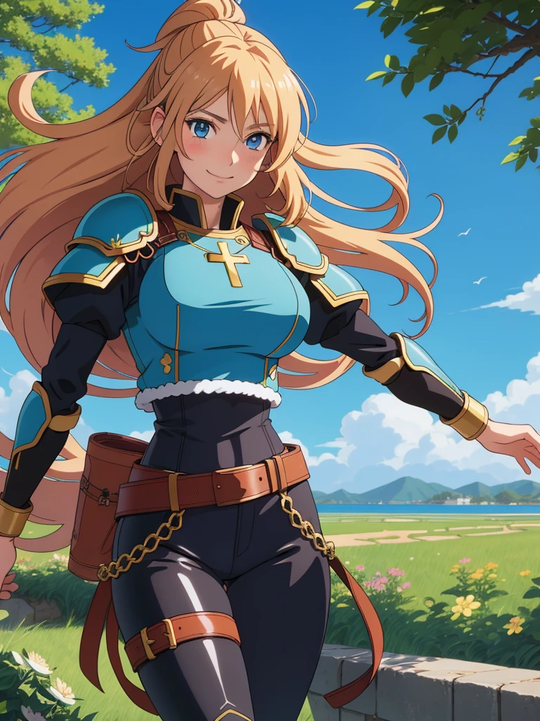 (8k, raw photo, Best Quality, maestro:1.2), (anime-anime photo:1.37), ultra detailed, 1 girl, beautiful, alone, Beautiful detailed blue sky with fluffy clouds, (blush), (whole body: 1.1), (smile: 1.1), (shut up), big breasts, beautiful and delicate blue eyes, (Blue fitted armor with intricate engravings of leaves and flowers : 1.1), Golden metal pieces covering her shoulders and arms, Dark brown leather belt with metal buckles, tight leather pants, Brown leather boots, A cross adorns his chest, (long blonde hair: 1.2), flowing hair, high contrast, Proporciones de whole body, (astride, stretch the legs, thin legs), Chest closeup, full color