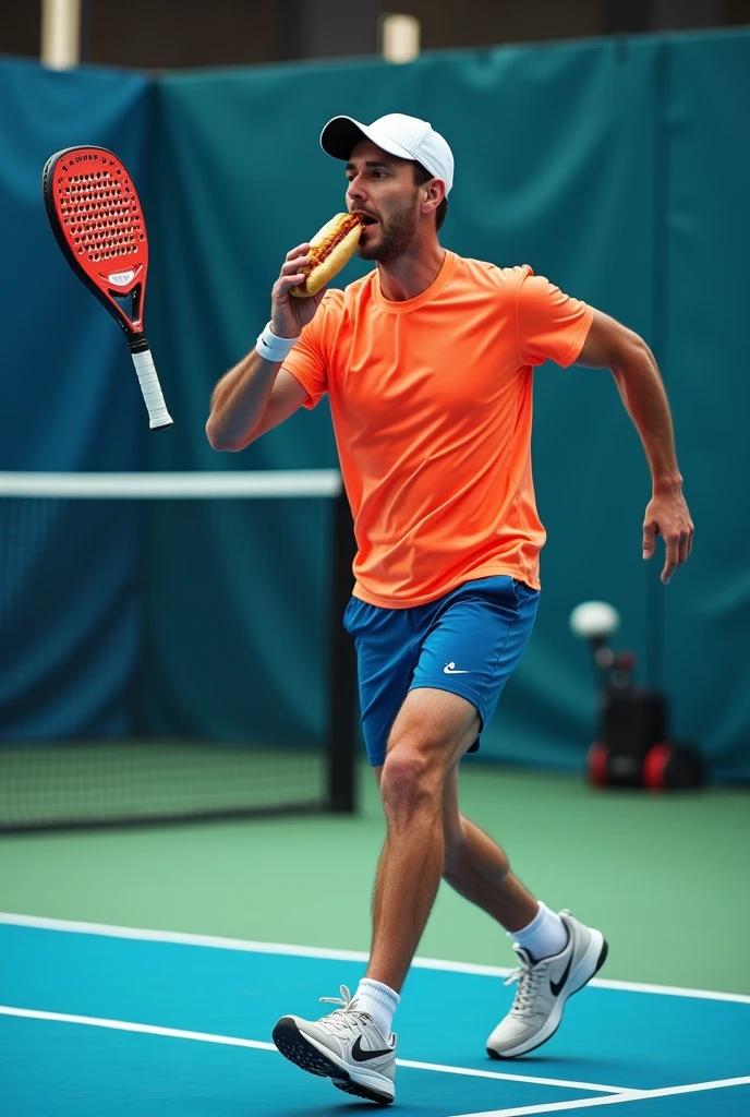 I want a photo of a padel player with a hot dog in his hand and a padel racket in the other hand. The background in an indoor padel court
