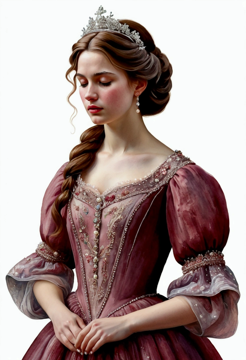 realistic watercolor image, Cinderella is 2, with brown hair, half messy, shoulder length and wavy, her hair is tied on the side with a pearl clip, on her head, she is completely standing, with her eyes closed and praying , with a long dress in marsala color with sparkles and embroidery, with white and marsala flowers with embroidered and transparent sleeves, she wears marsala-colored heel shoes, transparent bottom, 8k
