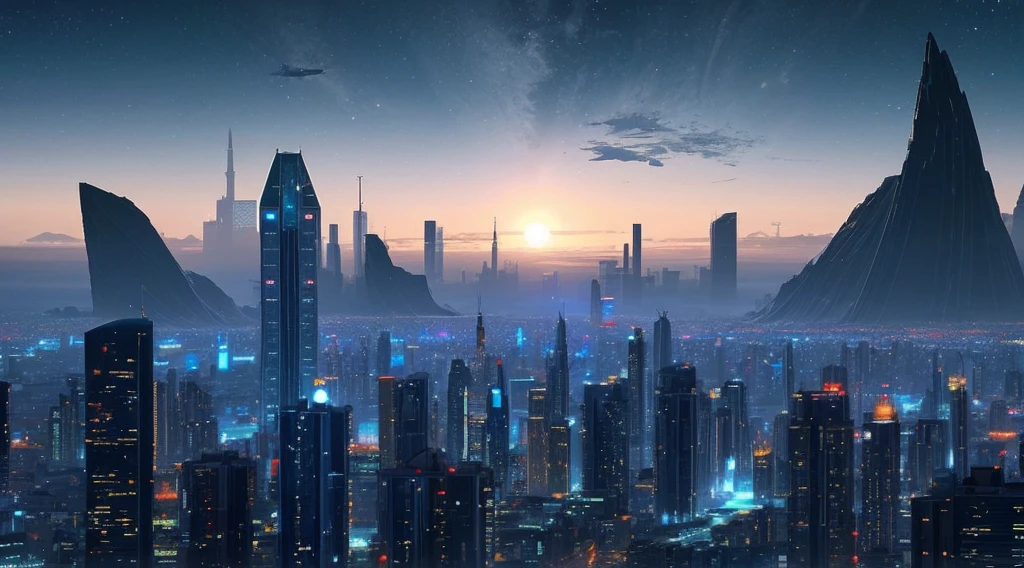 A futuristic city on the surface of the moon。A row of buildings adapted to the low gravity environment、Solar panels that supply energy are becoming more widespread。Earth floating in the sky against a night sky background、A scene where the entire city is enveloped in a pale blue light。