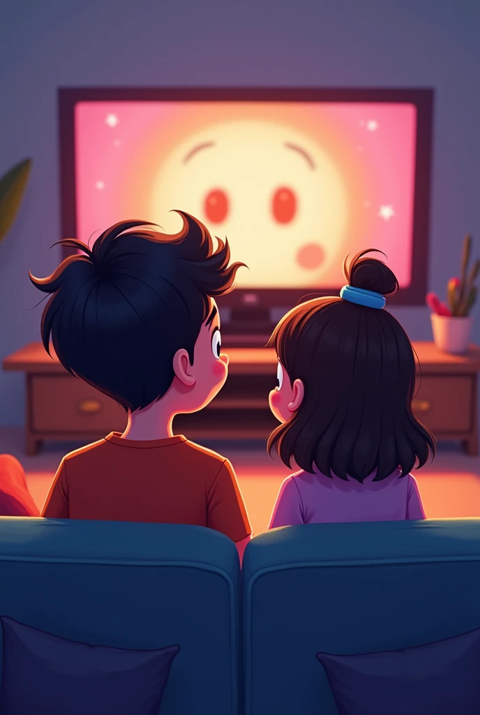 Create a cartoon image, of a age boy and a teengirl watching a movie on the couch(camera behind them facing the TV). Imagem em 16:9