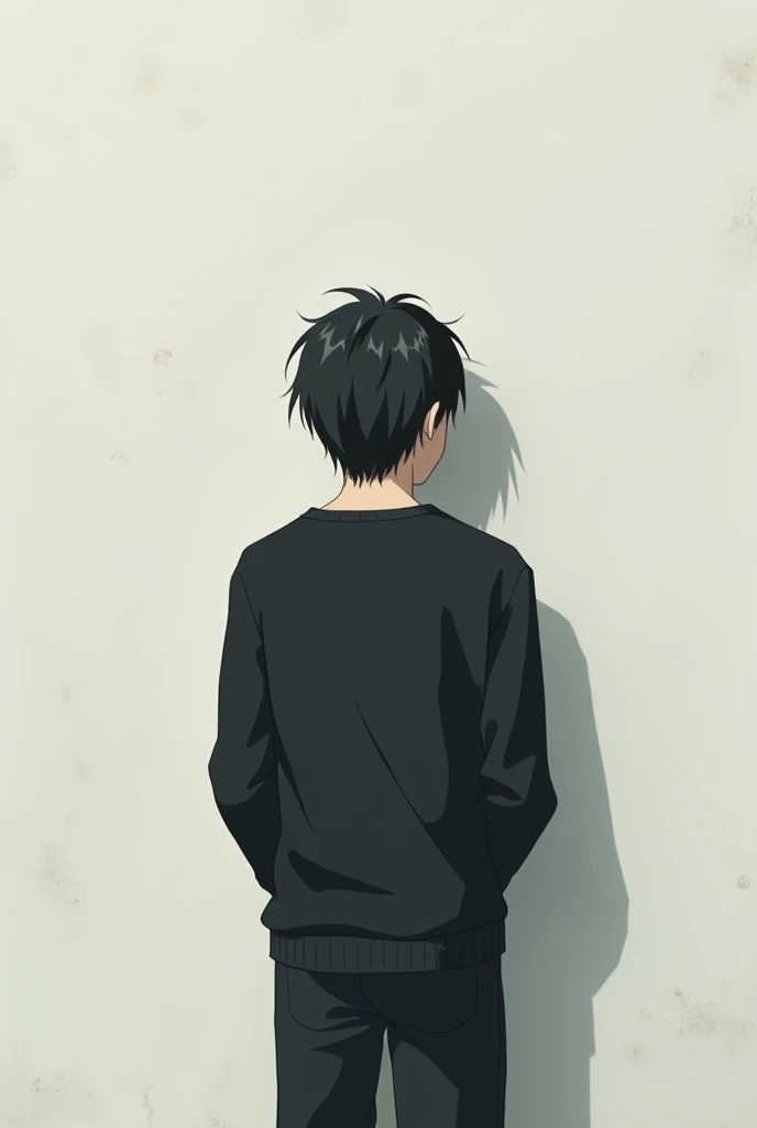 The image is in the style of a Ghibli studio anime., although somewhat gloomy and adult, A 20-year-old young man appears in it. He is standing in front of a white wall, you see him from behind, He has medium-long hair and black eyes.. He appears serious. He is wearing a black sweater and black pants.