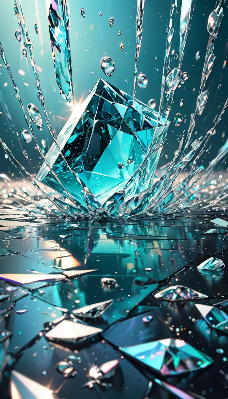 conceptual installation art, falling ice drops, shattering on the ground, background iridescent Tiffany Blue, (ultra detailed, absolutely resolution, best quality:1.3), 2.5D, delicate and dynamic effects, glitter effects, artistic, artistic photography, hyper realistic, CG digital art
