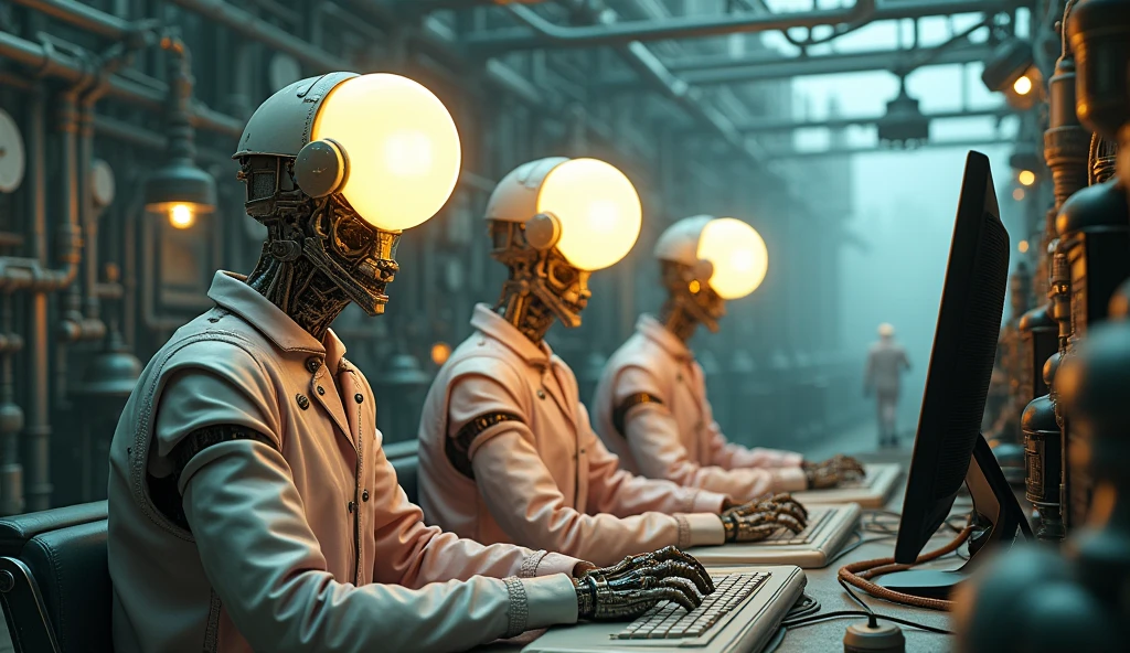 Top quality, masterpiece, cement building background, detailed and complex machine room interior background, pastel colors, three creatures with light bulbs as heads, mechanical bodies, science fiction, detailed science, life science, wearing complex pastel clothes, detailed image texture, bizarre, horror, creepy atmosphere (not AI image), cloudy weather, sitting and working on a computer.