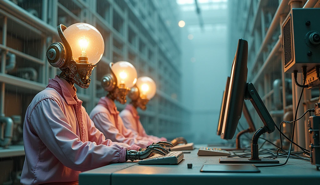 Top quality, masterpiece, cement building background, detailed and complex machine room interior background, pastel colors, three creatures with light bulbs as heads, mechanical bodies, science fiction, detailed science, life science, wearing complex pastel clothes, detailed image texture, bizarre, horror, creepy atmosphere (not AI image), cloudy weather, sitting and working on a computer.