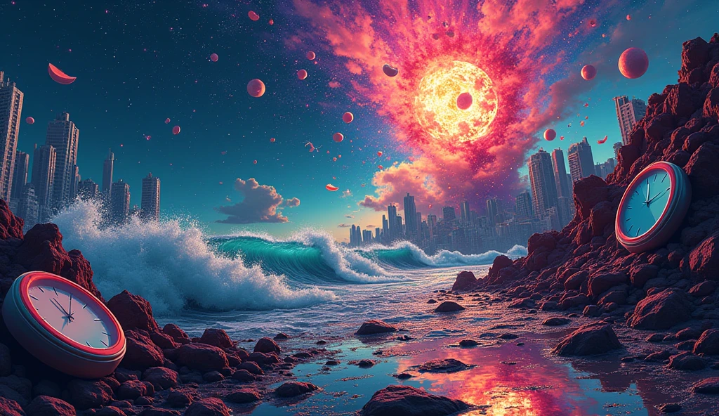 An explosion of visual chaos in a surreal setting: a night sky pulsating with bright neon colors, where stars disintegrate into fragments of light. In the background, a distorted city with buildings that bend and twist into impossible shapes, while melted clocks spread like ink stains. and an explosion from the side with a tsunami, and broken clocks and mirrors float in the air. In the foreground. All in a frenetic mix of distorted realism and abstraction, creating an environment of pure disorder and chaotic beauty.