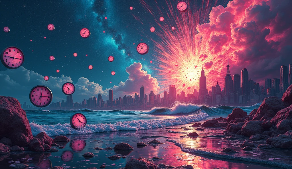 An explosion of visual chaos in a surreal setting: a night sky pulsating with bright neon colors, where stars disintegrate into fragments of light. In the background, a distorted city with buildings that bend and twist into impossible shapes, while melted clocks spread like ink stains. and an explosion from the side with a tsunami, and broken clocks and mirrors float in the air. In the foreground. All in a frenetic mix of distorted realism and abstraction, creating an environment of pure disorder and chaotic beauty.