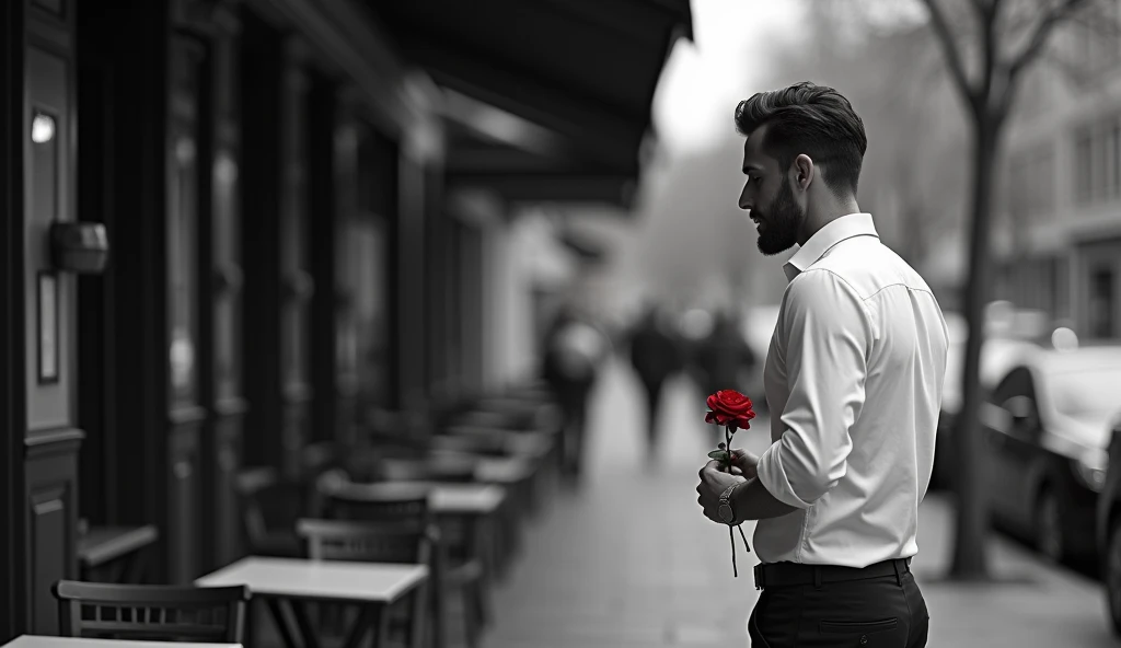 man wearing white shirts stands waiting his wife near to café outdoor, red rose in his hand, black and white photography, timeless elegance, classic aesthetic, dramatic contrasts, emphasizing shapes and textures, evoking nostalgia, focusing on light and shadow, monochromatic storytelling, capturing mood and emotion, artistic expression, minimalist compositions, conveying depth and atmosphere, timeless beauty, (best quality, masterpiece, photorealistic), very aesthetic, perfect composition, intricate details, ultra-detailed, vivid colors