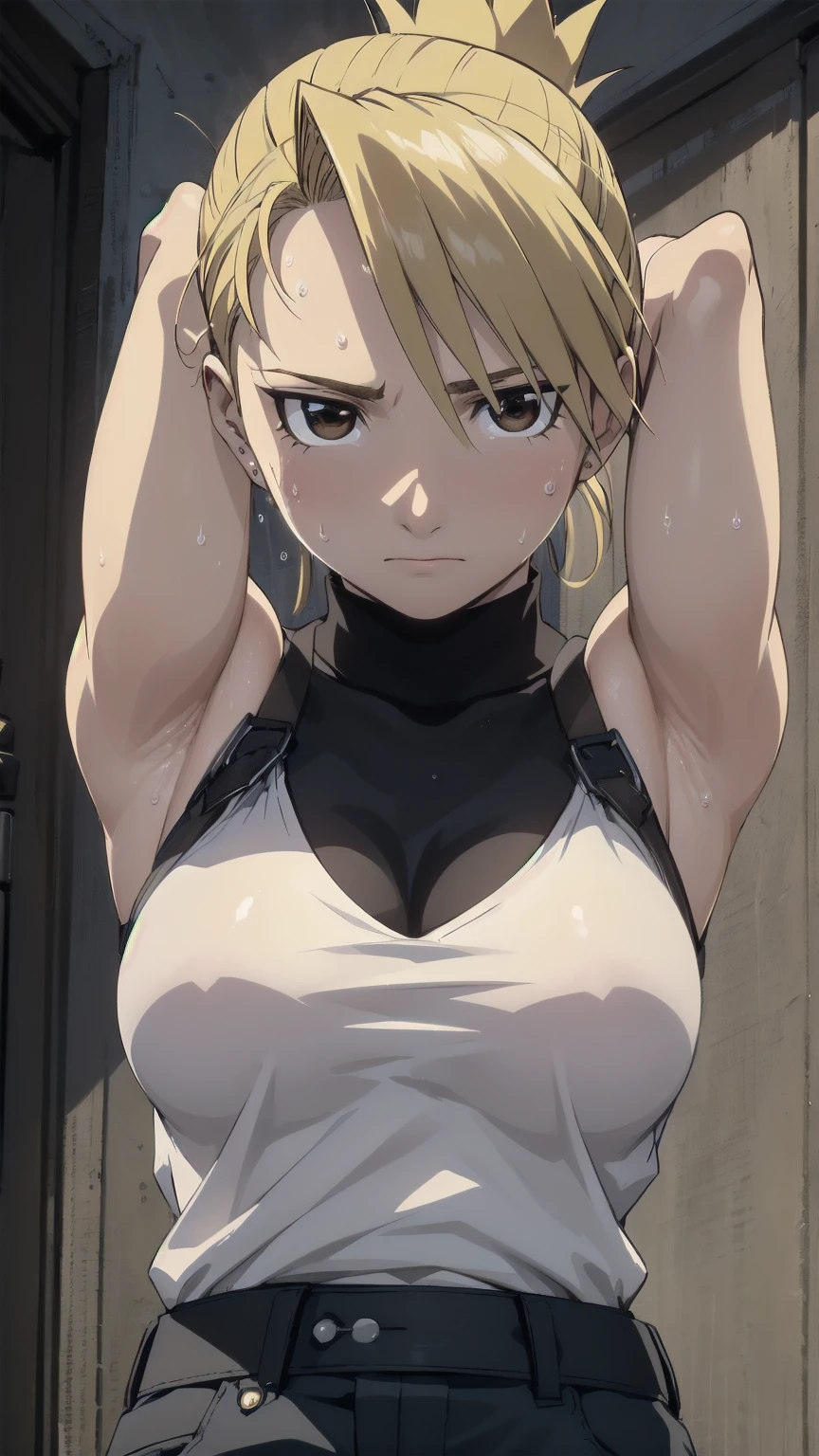 masterpiece, highest quality, High resolution, One Girl, Hamriz, ponytail, Brown eyes,big , Black Shirt, Tight shirt, holster, Short sleeve, belt, Covered navel, Blue pants,indoor、Upper body close-up、Muscular body、blush、Sweat、Composition from the front、anime、(((Close-up of a person、Raise your arms、Both armpits exposed、Sweat、Look forward)))