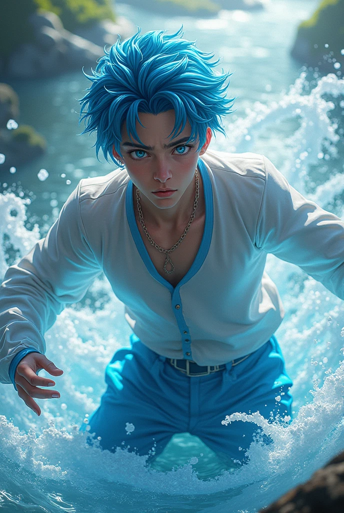 Man with blue hair with young water powers