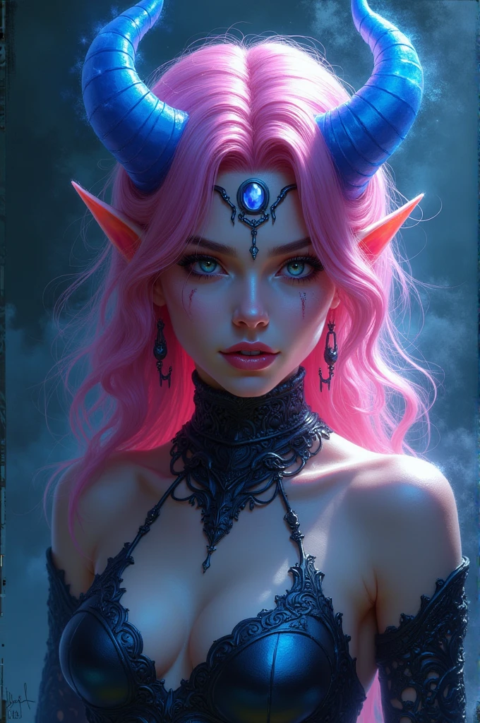 A female demon with pink hair with blue tips