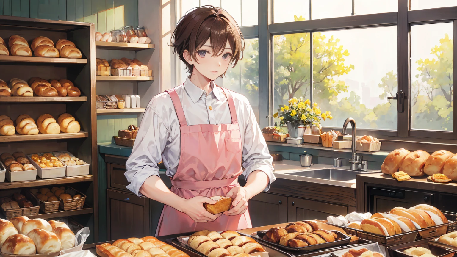 (masterpiece), (high quality), (4k), 
Create an illustration of a male bakery character in his 30s. 
He has a gentle expression and short to medium-length brown hair. 
His outfit is a traditional bakery uniform, such as a brown apron or shirt, 
with pink accents like ribbons, collars, or pockets. 
The background should depict a warm and cozy bakery scene with wooden counters 
and shelves filled with fresh bread and pastries. 
Include soft natural light streaming through the bakery’s windows.


