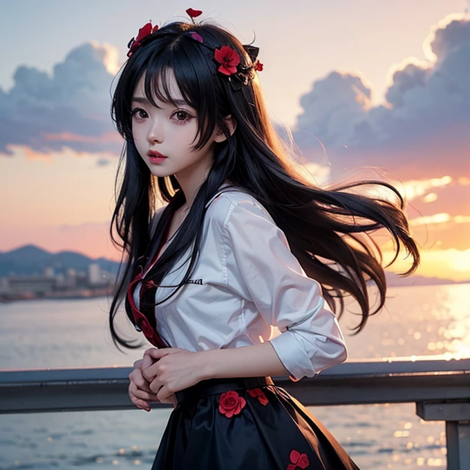 Has long black hair、Anime girl with red flowers on her head, Attractive anime girl, Beautiful and charming anime woman, Beautiful anime girl, Beautiful anime woman, Anime style 4k, Charming anime girl, Cute anime girl in a beautiful skirt, Anime girl in black dress, Detailed digital anime art, Smooth anime CG art, Gu Weiss, 8k high quality detailed art