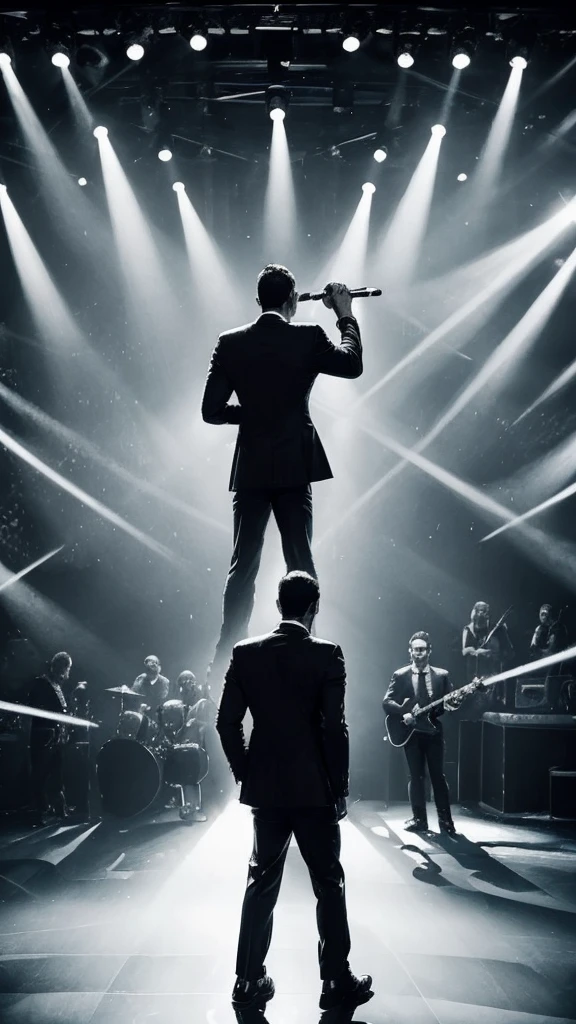 A man wears suits, singing and playing guitars, on a stage, from behind view, spotlights on him, cameras blitz from audience, black and white old photos