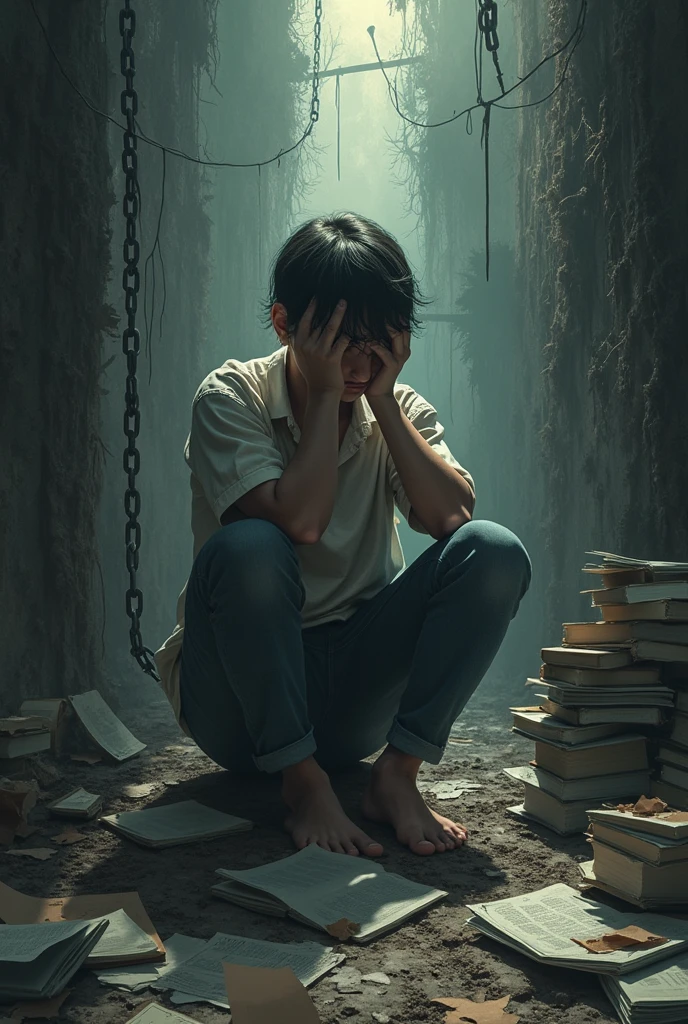- **A student** slumped under a massive stack of books, exhausted, with shadows of books extending in darkness.
- **A young person**, tangled in thorny vines of social media, clocks, and bills, showing frustration.
- **A sad boy and girl** shackled by heavy chains leading to shadowy family figures, expressing deep emotional toll.
- **A young man** in work attire, slumped on the ground, surrounded by papers and looming deadlines, overwhelmed by job stress.
- **A girl** standing on cracked ground, with shadows creeping over her, showing fear and sadness from harassment.
- **The right side** hints at subtle light, suggesting distant relief without shifting focus from the heavy stress.