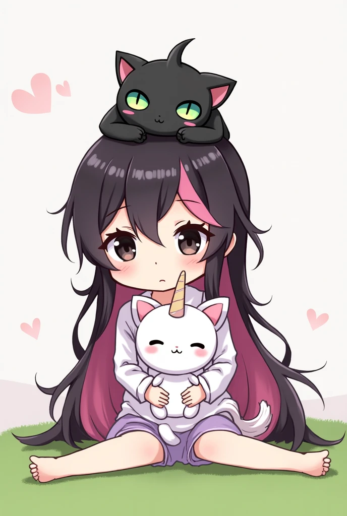 Girl with long pink and black hair and black eyes and a black cat on her head with green eyes and a unicorn stuffed animal in her hand, sitting, Anime style chibi baby

