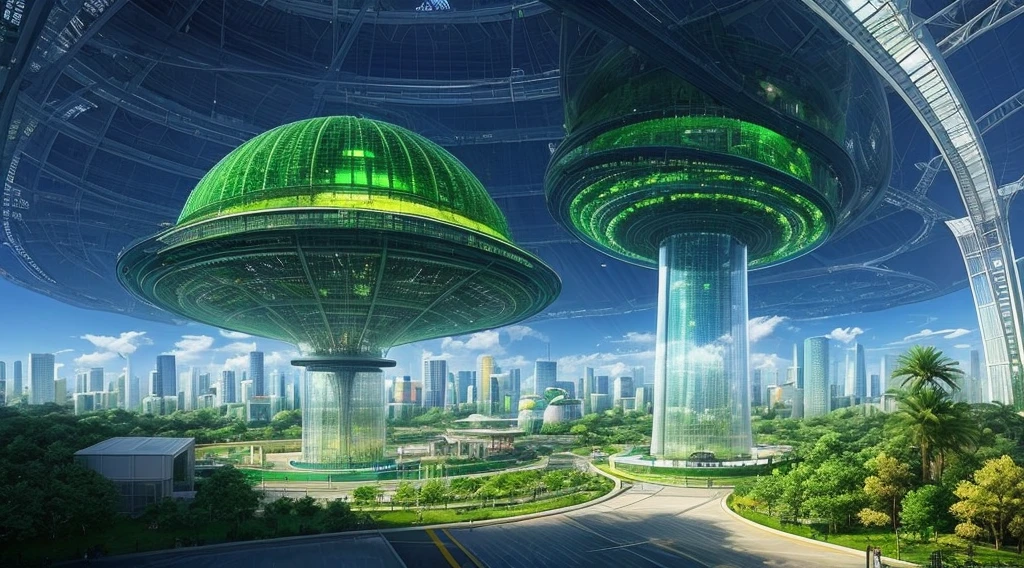 A transparent dome city designed for extreme environments。Inside the dome、There is an artificial sun and a controlled climate.、Lush green parks and、Plant factories are expanding。Holographic clouds float in the sky、Energy towers rise above the city。