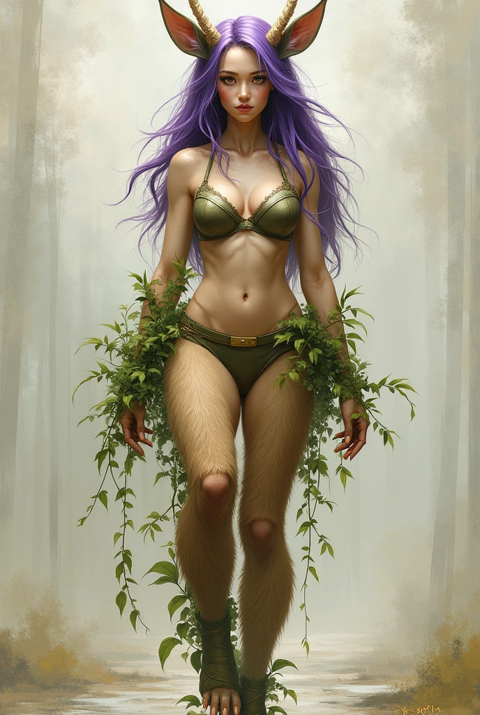 ((best qualityer)), ((work of art)), (detailded), 1 girl, light brown fur, bra made of leaves, cabelo roxo, servo, human face, patas, furry legs, deer legs, muscular legs, super thin belt