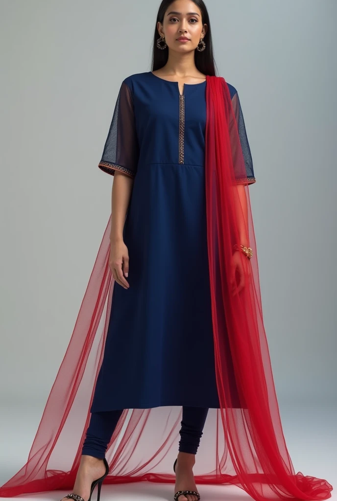 Plain deep Blue Kurti with not visible prints. Sleeves should be neted and fitting the arms above elbow, leggings pant with red net dupata. Sleeves should be above elbow