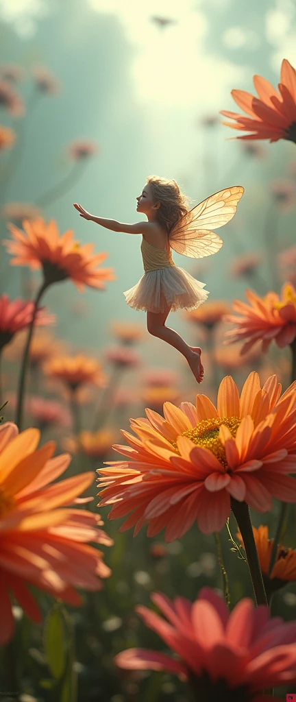 a small fairy flying over large wild flowers, magical, idyllic ethereal, intricate, magical mythological scene, (best quality,4k,8k,highres,masterpiece:1.2),ultra-detailed,(realistic,photorealistic,photo-realistic:1.37),fantasy,fantasy art,digital art,vibrant colors,dramatic lighting,cinematic